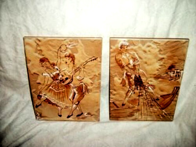Italian Art Tiles Gypsy Fisherman HP Vintage Pair Marked Mid Century Italy