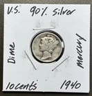 1940 - 10C Mercury Dime / 90% Silver Coin.