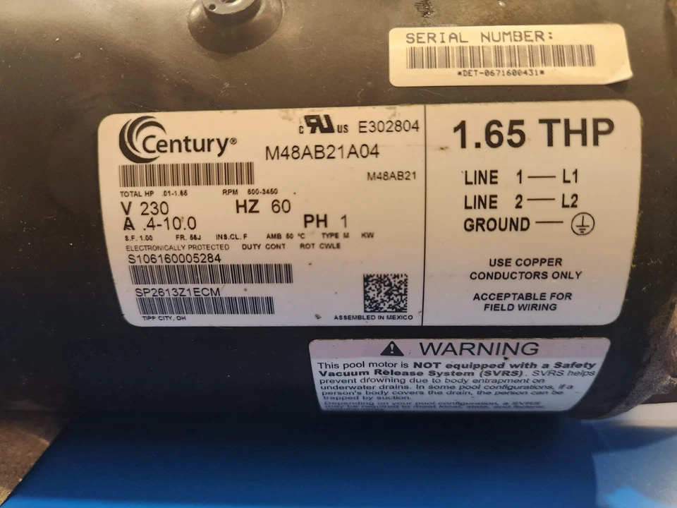 Hayward Motor SuperPump vs 1.65 HP - For Parts (SPX2603Z1VSPE power end) Century - Image 2 of 4