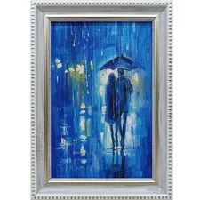 Cityscape Oil Painting 4x6 Framed People in Rain with Umbrellas Signed