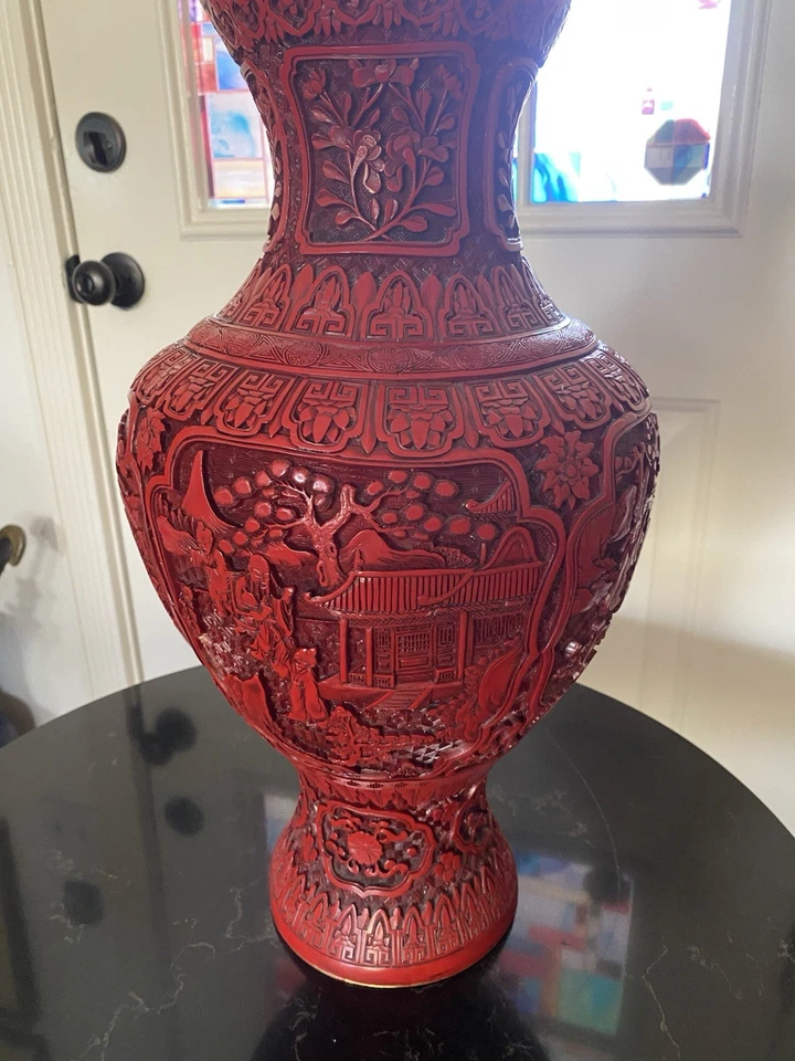 Red Cinnabar Story Vase Chinese Hand Carved Body with Brass Mouth - Image 3 of 4