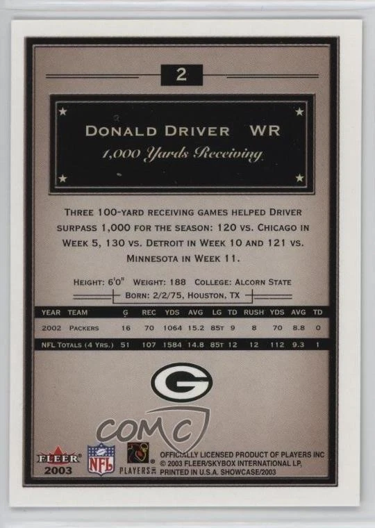 2003 Fleer Showcase Donald Driver #2 - Image 2 of 2