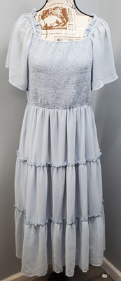 LILLUSORY Tiered Dress Womens L Blue Summer Flutter Sleeve Smocked Square Neck