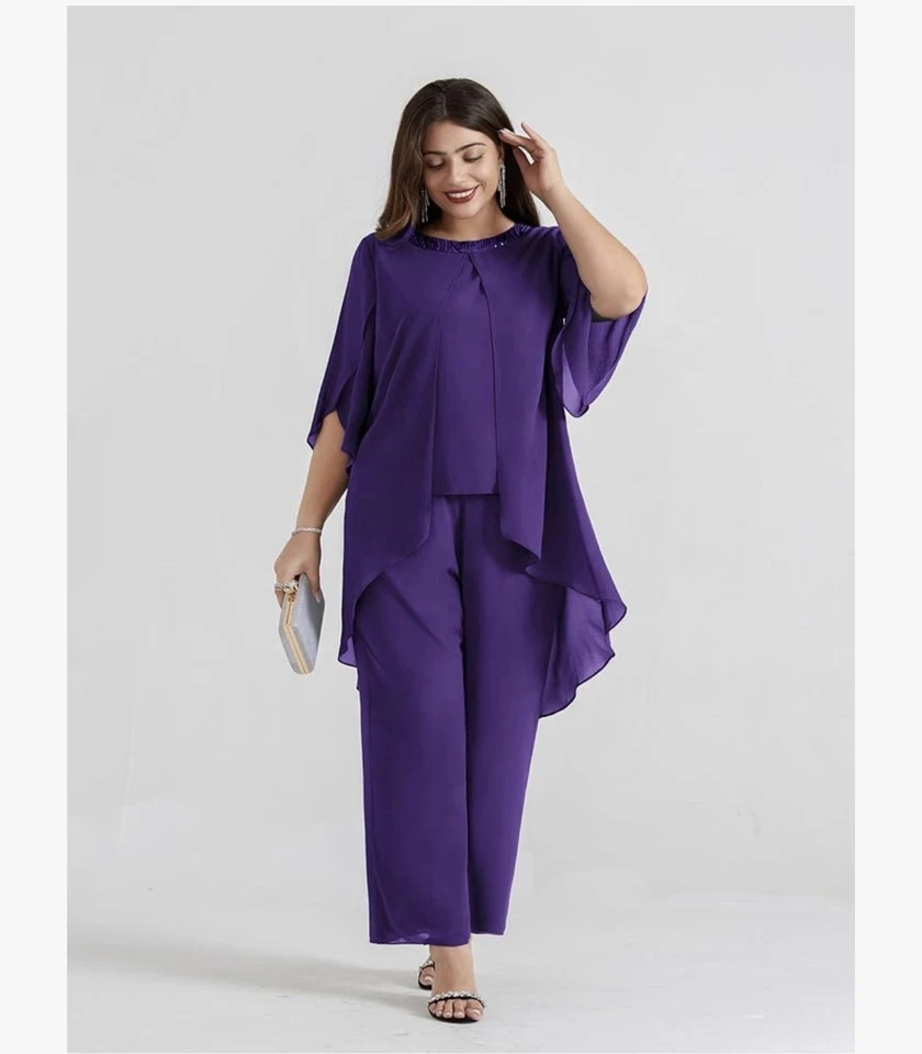 Hanna Nikole Plus Size Mother of Bride Pant Suit Chiffon Set Ruffle Layers 16W - Image 2 of 4