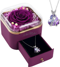Preserved Real Purple Rose Gift Box with Necklace for Women, Mom, Wife