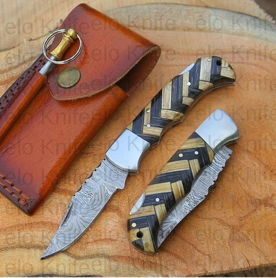 Handmade Damascus Pocket Folding Knife Multi Color Wood Handle W/ Leather Pouch