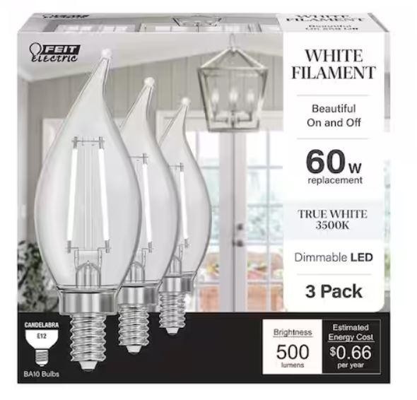 3-Pack LED Bulb: 5.5W (60W Equivalent) True White (3500K) Flame Tip BA10 with