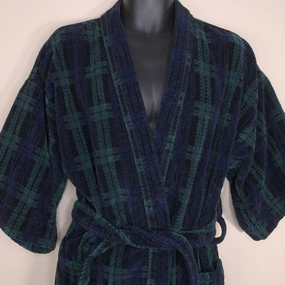 Albornoz vintage Knightsbridge algodón pesado a cuadros verde azul tartán Foto 3 de 4