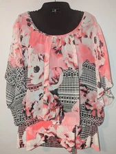 Style & Co. Women's 1X Pink Floral Tiered Blouson Flutter Sleeve Banded Hem