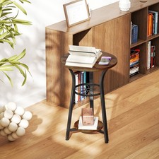 Small Round Side Table with Storage Shelves for Living Room Bedroom Rustic Brown