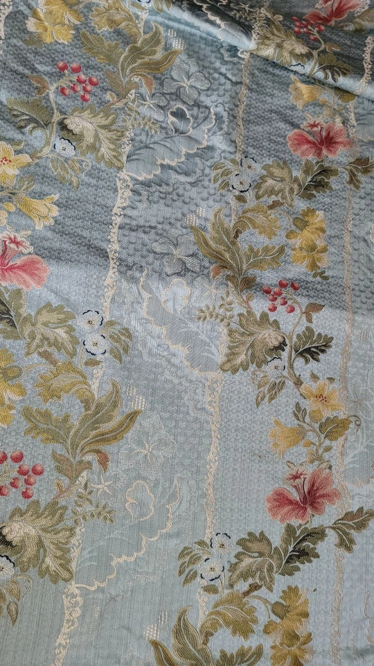 vintage upholstery fabric Blue Lampas floral 4 yards Brocade Victorian French  - Image 2 of 4