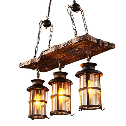 3-Lights Rustic Lighting Chandelier Wood Pendant Light Fixture Ceiling Lamp E27 - Picture 1 of 12