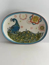 Colorful Peacock Flowers Oval Platter Gorgeous Colors Textured Handpainted