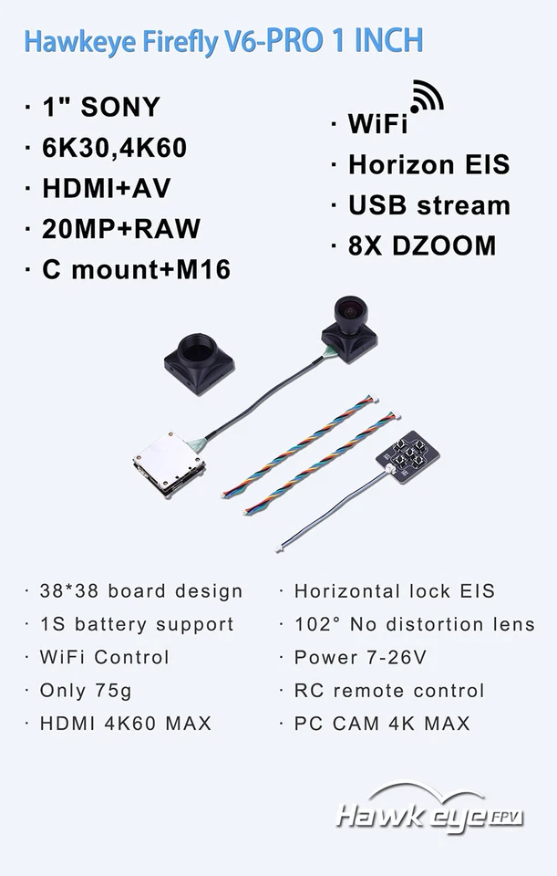 Hawkeye V6 PRO 6K Camera 1" 20MP Camera WiFi control DC 7-26V 8X Digital zoom - Image 2 of 4