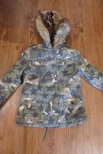 Girls Vintage Havana Green Brown Camo Faux Fur Hood Trim Jacket L 