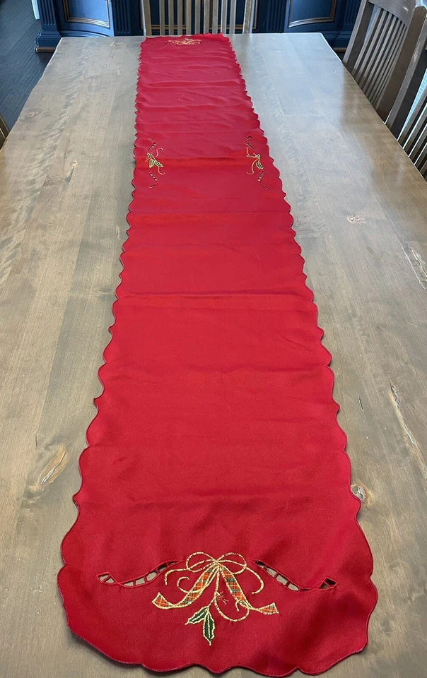 Lenox Holiday Red Nouveau Cutwork 14 X 90" Table Runner Preowned - Image 3 of 4