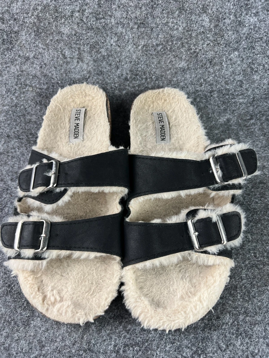 Steve Madden Sandals Women s 10 Black Leather Double Straps Fuzzy