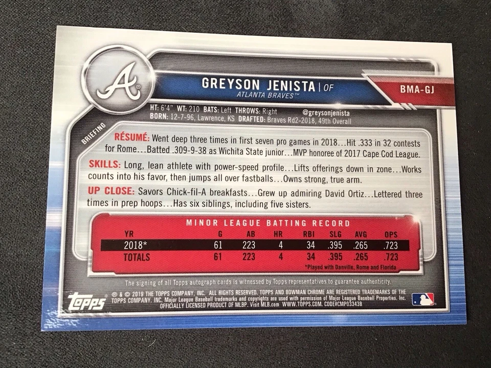 2019 Bowman Chrome BMA-GJ Greyson Jenista Mojo Refractor Auto Braves RC - Image 2 of 4