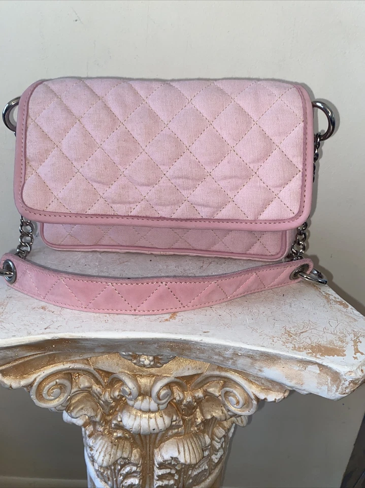 Bolso sin asas Jean Louis Fernandez rosa acolchado de lona cuero cadena solapa Francia Foto 3 de 4