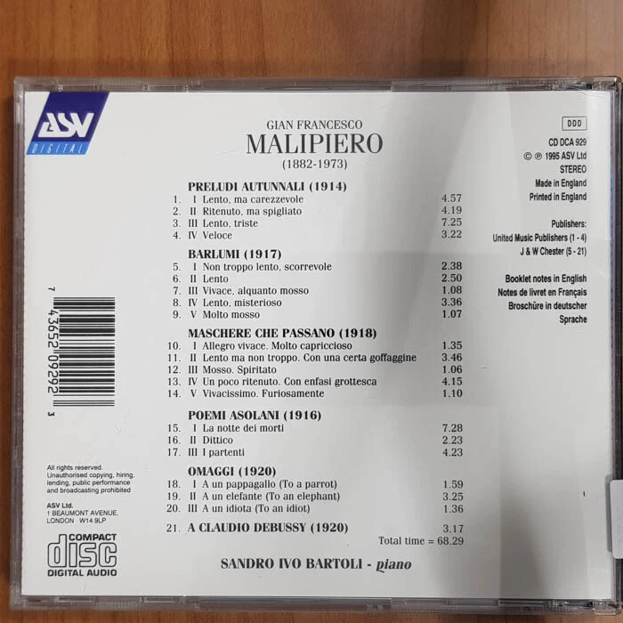 SANDRO IVO BARTOLI Malipiero Piano Music NM/EX(CD) - Bild 4 von 4
