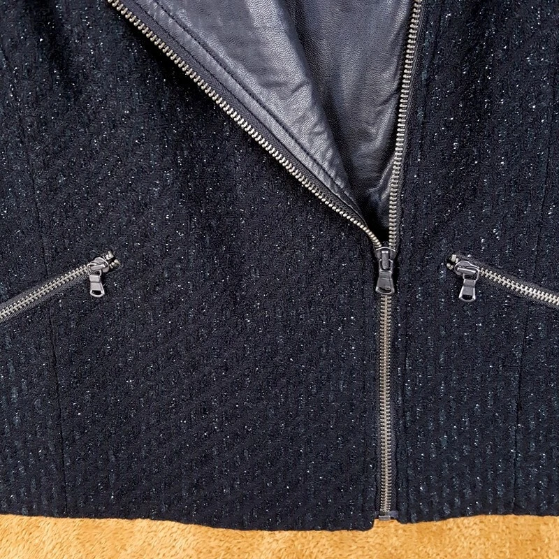 Chaqueta DKNY Mujer Pequeña Negra Moto Mezcla Lana Plateada Brillante Cremallera Elegante Foto 3 de 4