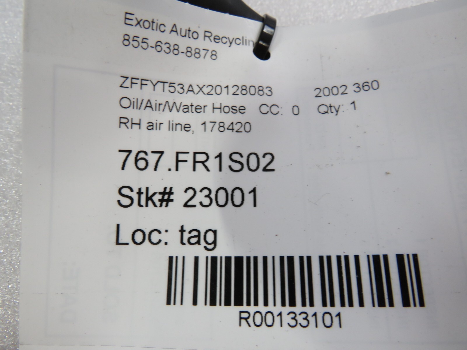 Ferrari 360, Spider, RH, Right, Air Line, Used, P/N 178420