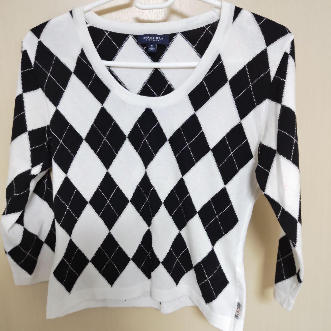Burberry Argyle Knit Sweater White Black Pattern Size M New