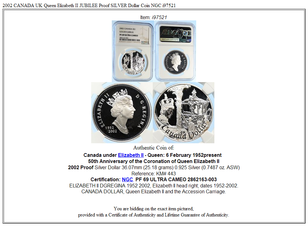 2002 CANADA UK Queen Elizabeth II JUBILEE Proof SILVER Dollar Coin
