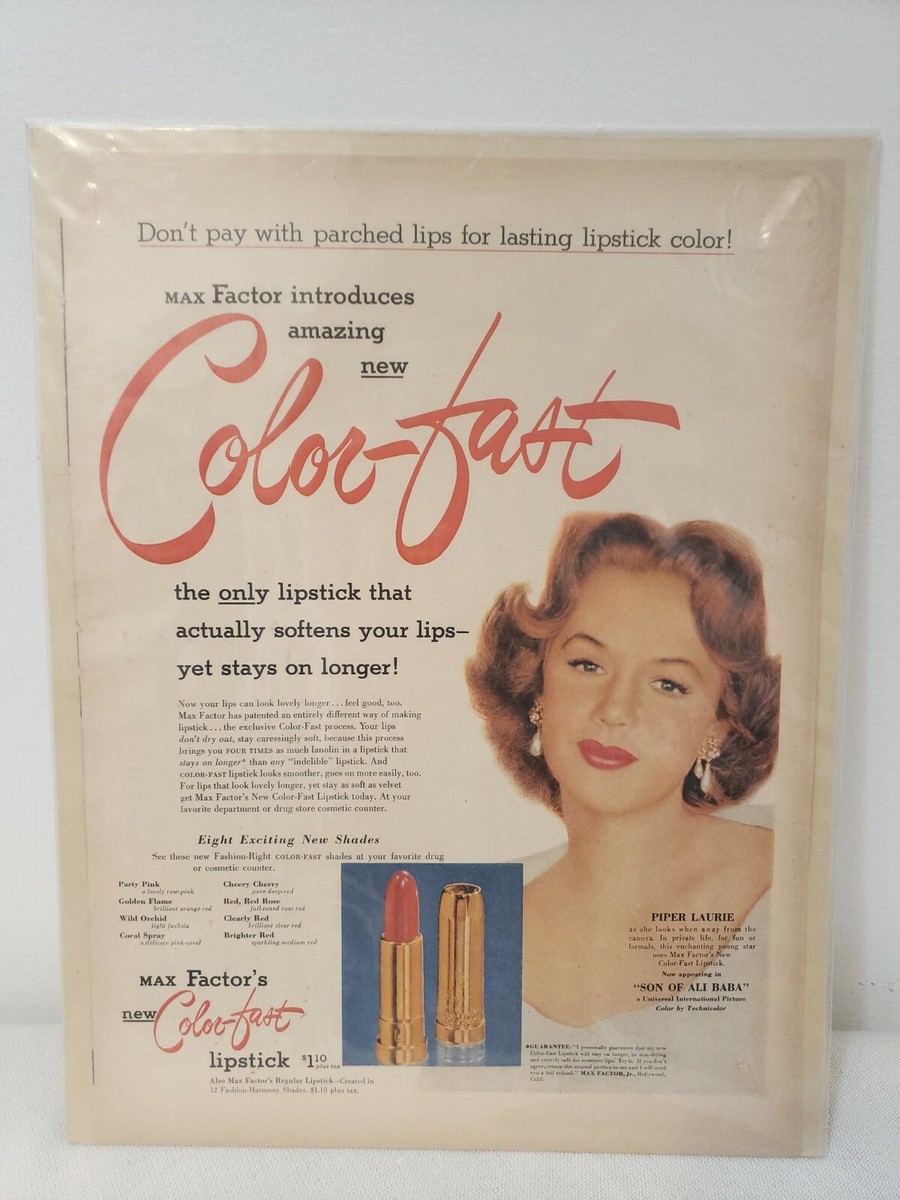 Max Factor Color Fast Lipstick~Piper Laurie~1952 Vintage Print AD