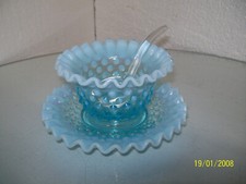 Fenton Blue Hobnail Opalescent Mayonnaise Set