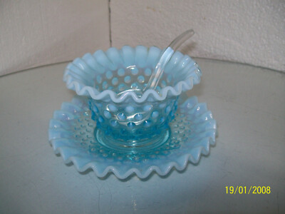 フェントン　ブルーオパールセント　ホブネイル　 マヨネーズボウル＆ソーサーセット Fenton Blue Hobnail Opalescent Mayonnaise Set | eBay