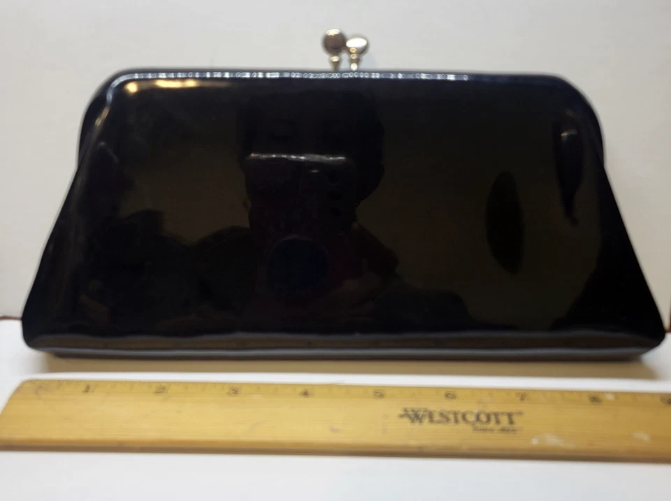 Garay Small Clutch Purse Patent Leather Black Look Vinyl Kiss Clasp Make Up - Image 2 of 4