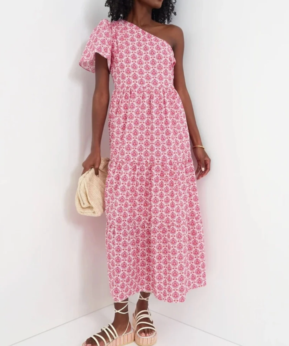 Hyacinth House Pink Geo Floral One Shoulder Paden Maxi Dress Womens Size Medium