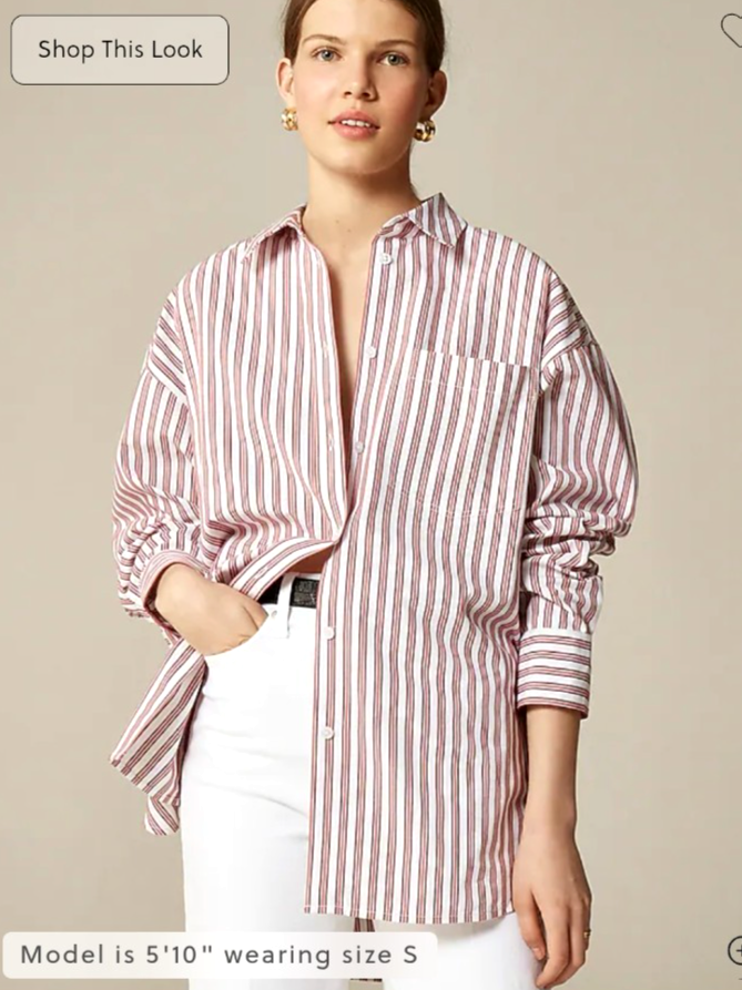 J. Crew Women's White/Red Stripe Oversized Etienne 100% Cotton Poplin Shirt 3X