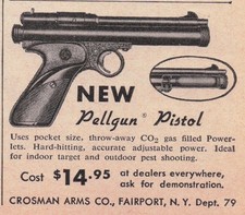 De colección Crosman Pellgun Pistola Cargador Anuncio 1954 CO2 Pellet BB Pistola De Colección