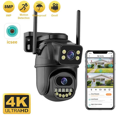 8MP 4K WiFi PTZ Security Camera Dual Lens Outdoor +64GB US Plug