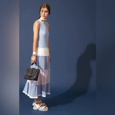 RED VALENTINO Point D'esprit-paneled Striped Cotton Midi Dress In Blue Medium