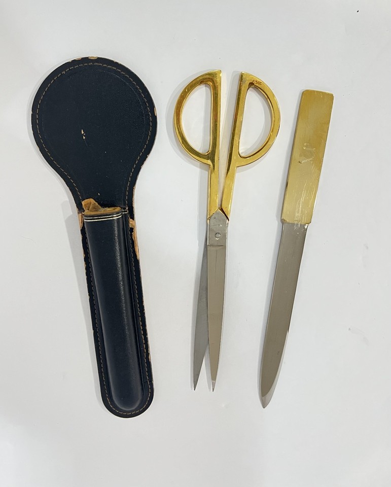 Gold-plated Italian scissors and letter opener from JXA Italy — a genuinely glamorous MCM desk set with a European pedigree.