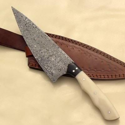 Damascus Steel Chef Knife Kitchen Full Tang 12in Camel bone handle & Sheath