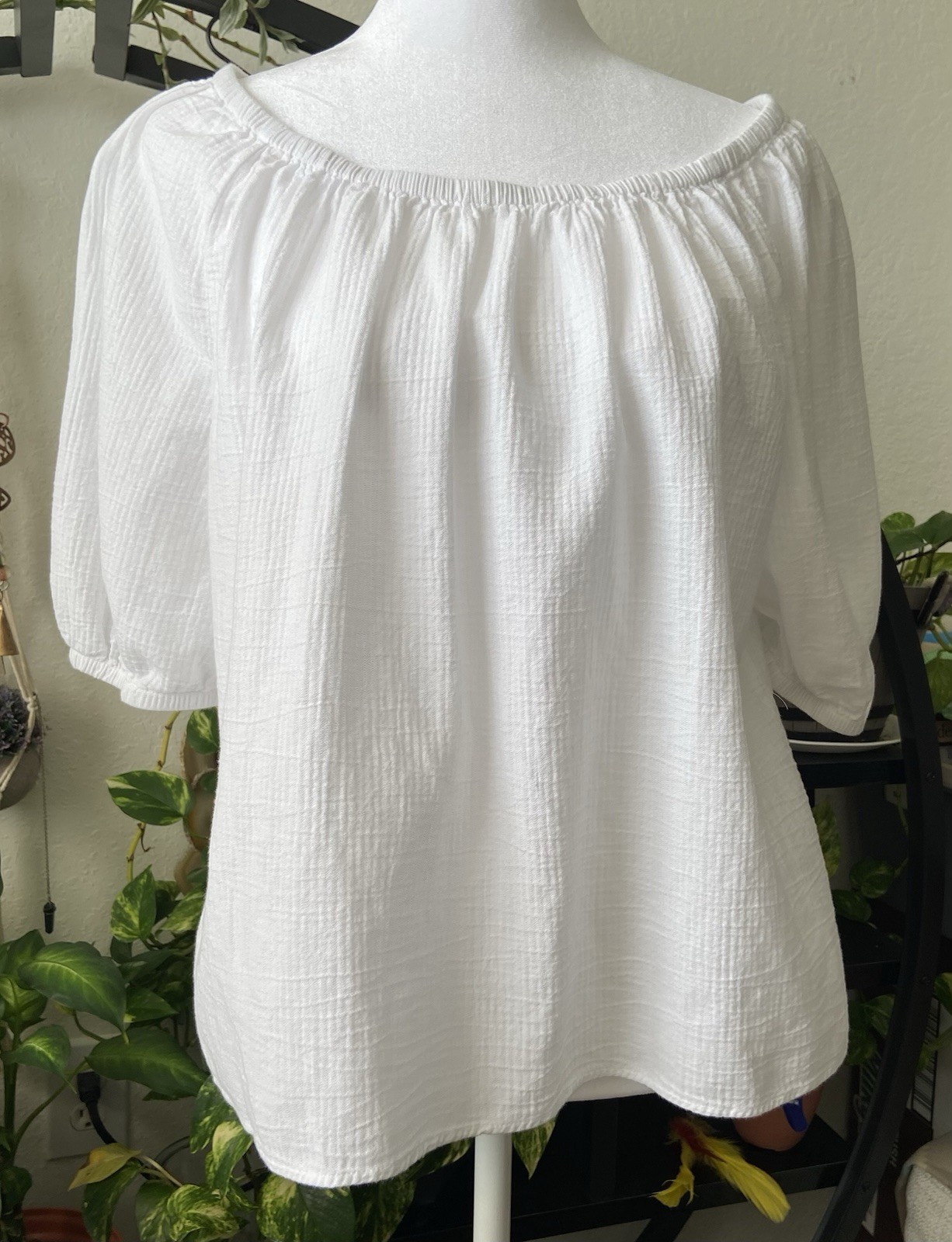 Loft White Cotton Off-Shoulder Peasant Blouse Women's L Short Sleeve.