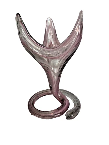 Vintage Murano Style Pink & White Hand Blown Art Glass Vase with a Spiral Stem
