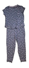 Vintage Laura Ashley Women L 2 Piece Gray With Pink Hearts Pajamas Set
