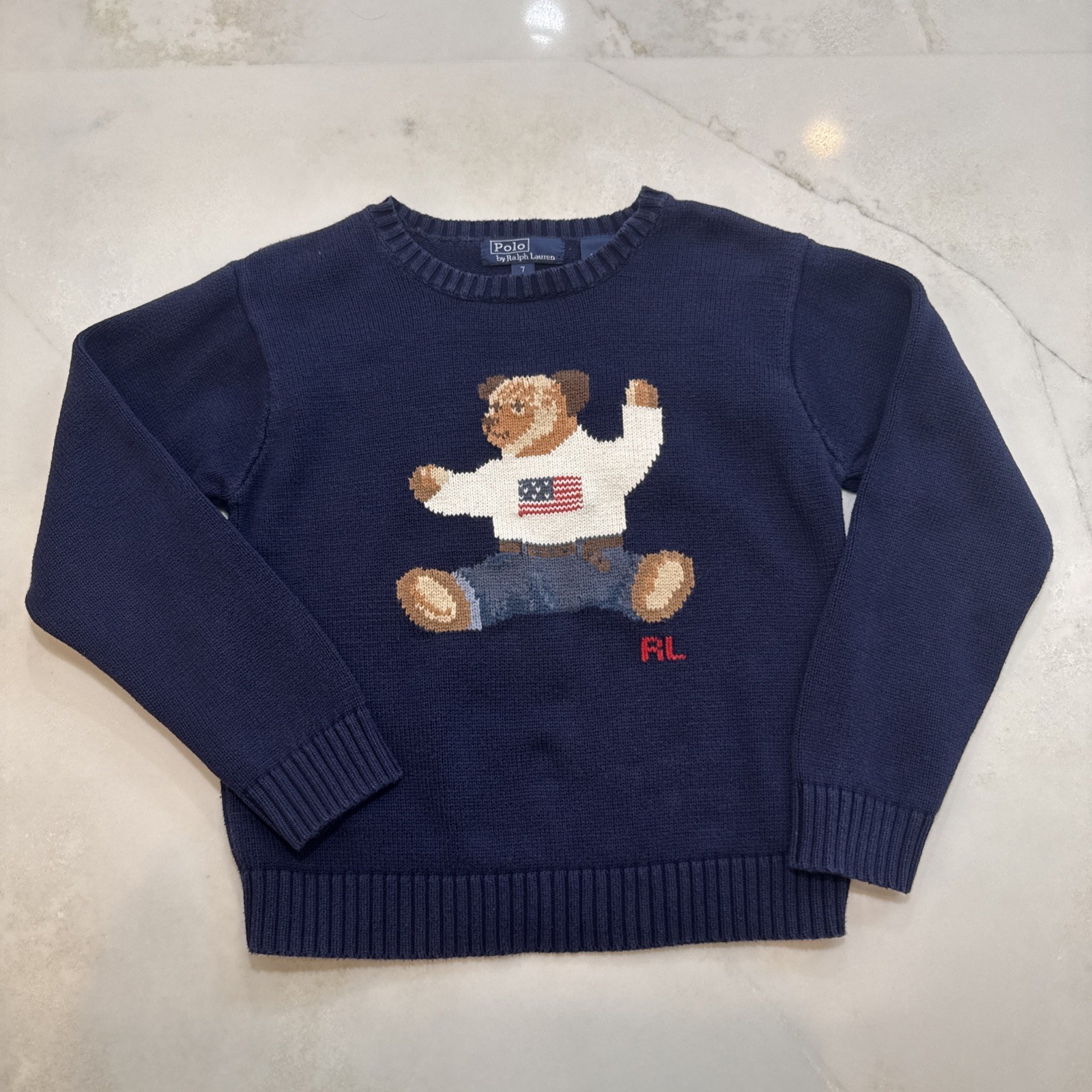 Polo Ralph Lauren Kids Sweater Size 7 Vintage Bear Knit Navy Cotton Crewneck