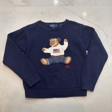 Polo Ralph Lauren Kids Sweater Size 7 Vintage Bear Knit Navy Cotton Crewneck