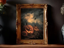 Pumpkin Art Wall Decor, Spooky Witch Castle Print, Halloween Haunted House Art