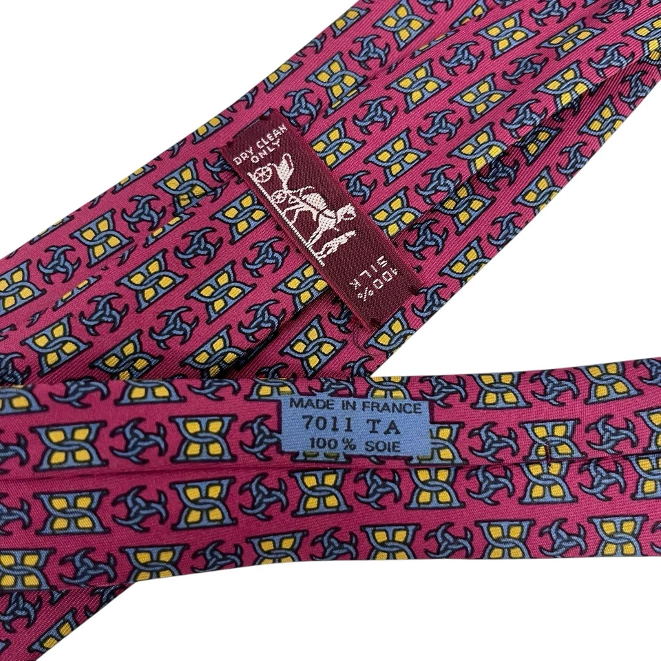 Corbata para hombre Hermes geométrica roja/pizarra satinada seda 7011 TA 3" (W) x 56" (L) guc Foto 3 de 4