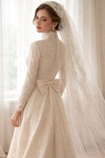 Vintage Ivory Lace Bridal Gown w/ Attached Veil  Long Sleeve High Neck Wedding