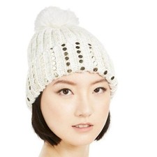 DKNY Flat-Stud Metallic Rib-Knit Beanie Ivory/Gold