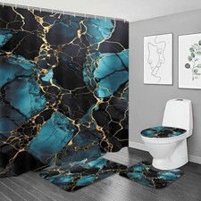4 Pcs Marble Shower Curtain Sets with Rugs Gold Bathroom Sets with Shower Navy