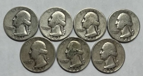 Washington Silver Quarters Lot of 7 Dated 1941-1953 Various Mints & No Mints